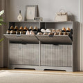 Xixini Shoe Storage Cabinet for Entryway with 4 Flip Drawers, Hidden Slim Wood Shoe Organizer with Modern Fluted Panel, Freestanding Narrow Shoe Rack for Front Door Entrance, Hallway, Foyer, Grey