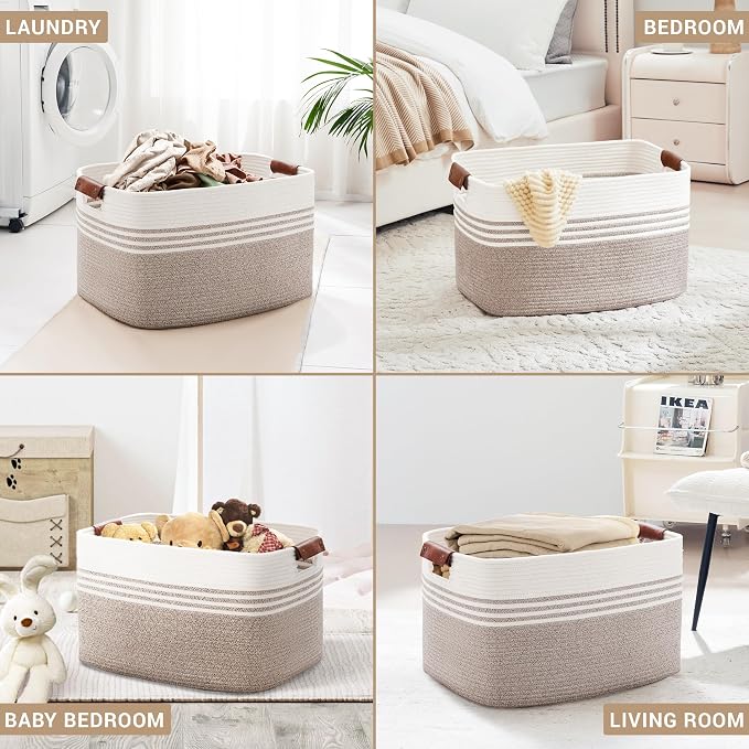 86L Large Woven Laundry Basket Hamper with Leather Handles,Brown | 24"x16"x14", collapsible wicker hamper, storage for dirty clothes, toys, blankets, gifts, living room, bedroom, bathroom
