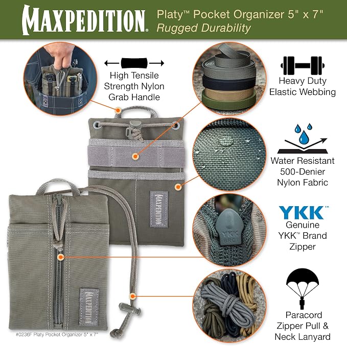 MAXPEDITION Platy Pocket Organizer, Durable EDC Tool Pouch for Men, Neck Wallet with Paracord Lanyard, Holds Flashlight, Multitool, Pen, Notebook