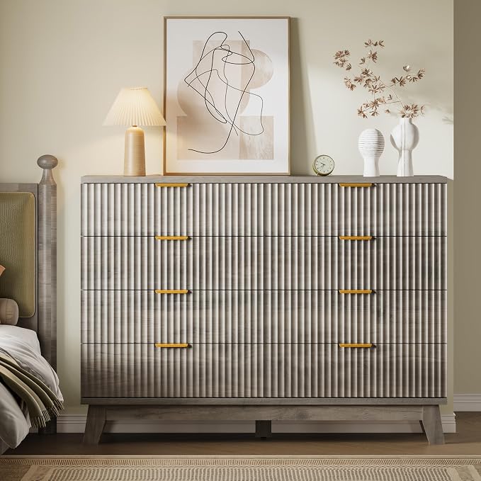 BORNOON Fluted 8 Drawer Tall Dresser, 47.2" Wide Modern Boho Chest of Drawers, Wooden Storage Dresser TV Stand for Bedroom, Living Room, Closet, Hallway, Curved Profile Design