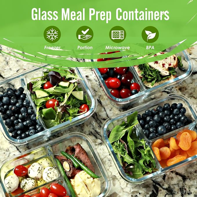 Glass Meal Prep Containers 2 & 3 Compartments with Lids 4 Pack 32 oz | Glass Food Storage Portion Control Bento Box, Airtight Leak Proof Lids, Microwave Oven Freezer Dishwasher Safe, Lavender