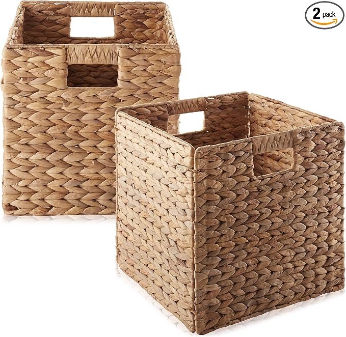 Casafield 12" x 12" Hyacinth Storage Baskets, Cinnamon - Set of 2 Storage Organizers, Woven Wicker Cubes for Bathroom, Bedroom, Laundry, Shelves