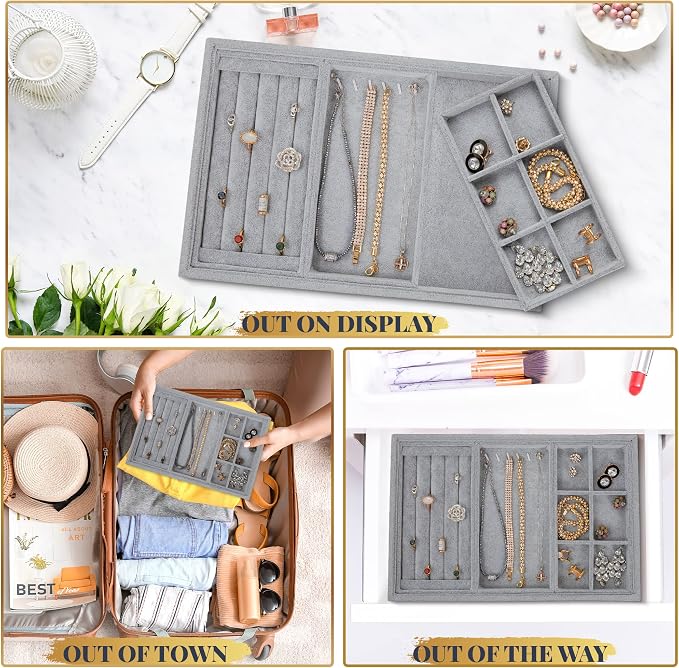 Jewelry Drawer Organizer, Jewelry Organizer For Drawer, Box Divider Inserts | Houseables Velvet Tray, Box Inserts, Flat Stackable Trays, Earring, Ring, Necklace, Bracelet, Display, Vanity Dresser, Safe