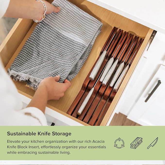 KitchenEdge In-Drawer Knife Block Holder, 11 Slots, Acacia | Fits most knife sizes, rubber feet, food-safe finish