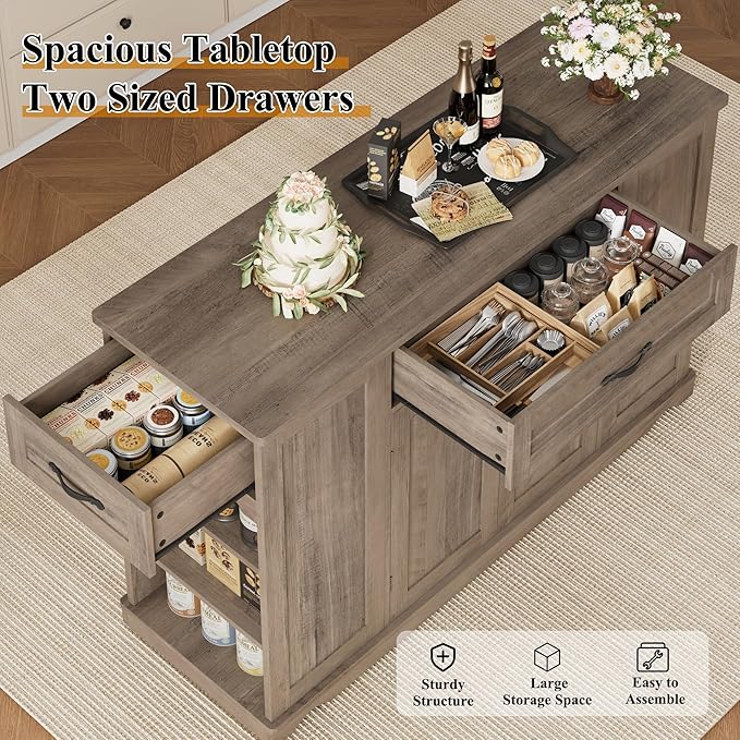 HOSTACK Kitchen Island Cart with Storage, Rolling Island Table, Ash Gray | 47"W Mobile Kitchen Storage Islands on Wheels with 2 Drawers, Adjustable Shelves, Movable Buffet Cabinet for Dining room