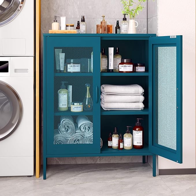 Washsemba Metal Storage Cabinet with Mesh Doors,Steel Display Cabinet with Adjustable Shelves,Metal Office Storage Locker for Home Office,Garage(Blue, 40''H)