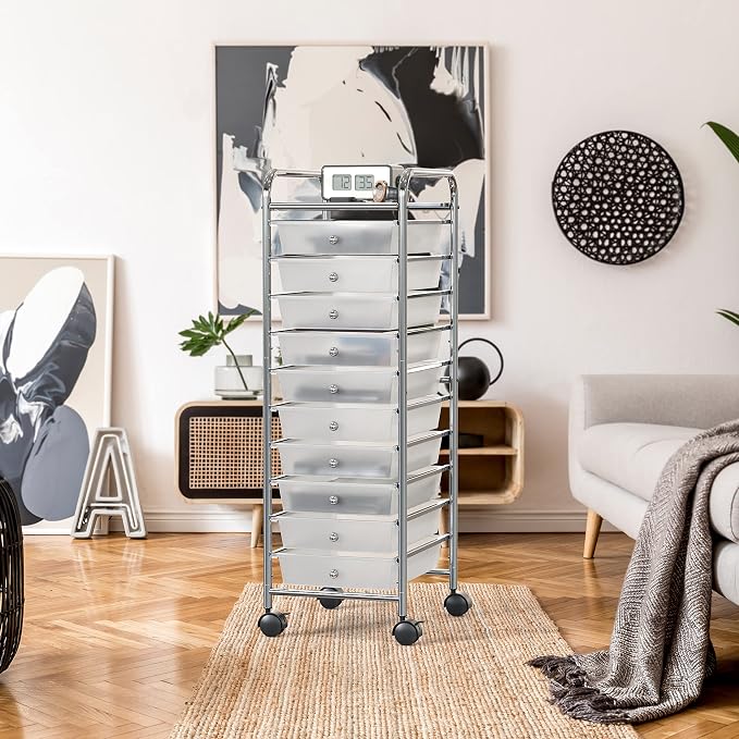 Simple Houseware 10 Drawers Rolling Utility Cart Organizer, Chrome | 1-Column, 36" Height, Lockable Wheels, for School, Office, Art Craft, and Paper Storage
