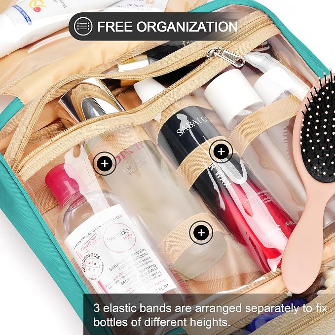 COOSKY Travel Hanging Toiletry Bag for Women, Large Makeup Bag 8 Leak Proofing Silicone Bottle Covers, Waterproof Cosmetic Bag with Jewelry Organizer Compartment, Toiletries Kit Set, Blue