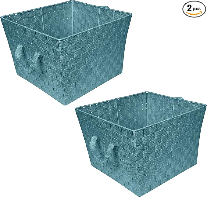 Simplify Large Woven Strap Tote | Decorative Storage Basket | 2 Handles | Organization | Closet | Bedroom | Bathroom | Nursery | Accessories | Toys | Gifts | 2 Pack | Sapphire