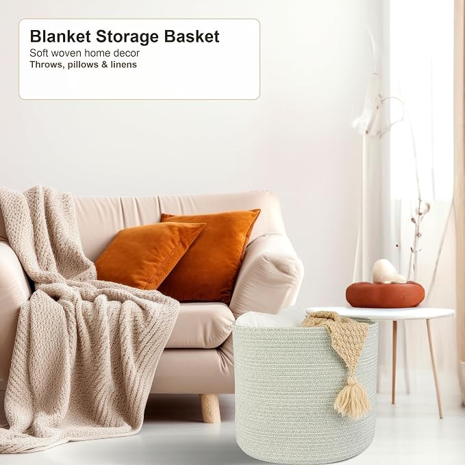 XUANGUO Cotton Rope Woven Basket, 16x14 in Kids Laundry Basket, light green | Round blanket basket and small laundry basket; baby hamper or nursery storage bin for girls, boys, toys, clothes and shoes