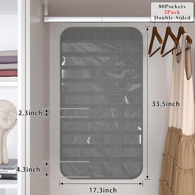 Hanging Jewelry Organizer 80-Pocket Double-Sided Storage, 2-Pack, Gray | Foldable clear PVC 80-pocket storage; swivel hook fits walls, doors & rods to organize earrings, necklaces, bracelets & rings