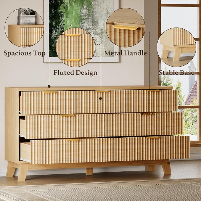 BORNOON 57" Long Dresser for Bedroom, 7-Drawer Fluted Chest, Wide Wood Storage Dresser with Metal Slides and Handles, Stable Base, Modern Clothes Organizer for Primary Suite, Guest Room, Nursery