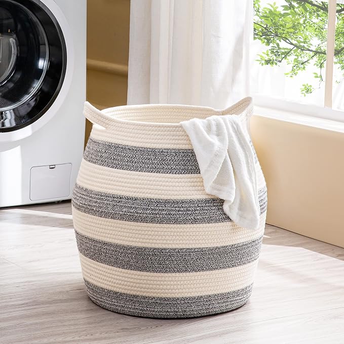 KAKAMAY Woven Baskets for Storage(17"x17"),Large Cotton Rope Basket Woven Baby Laundry Hamper,Collapsible Laundry Basket, Blanket Basket for Organizing Living Room,Nursery,Pillows,Toy Chest(Grey)