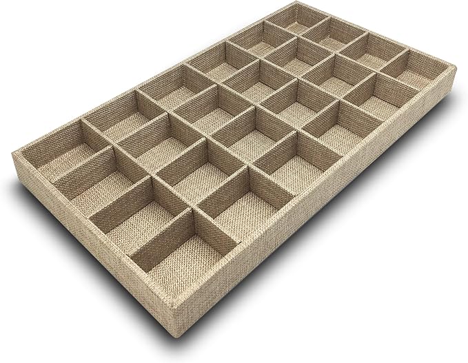 The Display Guys - Stackable Jewelry Tray and Organizer - for Drawers, Dressers, Store Display (24 Compartments, Beige Burlap)