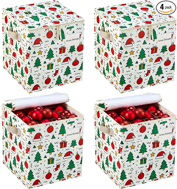 VENO 4 Pack Christmas Ornament Storage Box, Stores up to 64 Holiday Ornaments, Adjustable Dividers, Zippered Top, Storage bins with lids for holiday decorations-3 Inch Cube Compartments (Jingle Mix)
