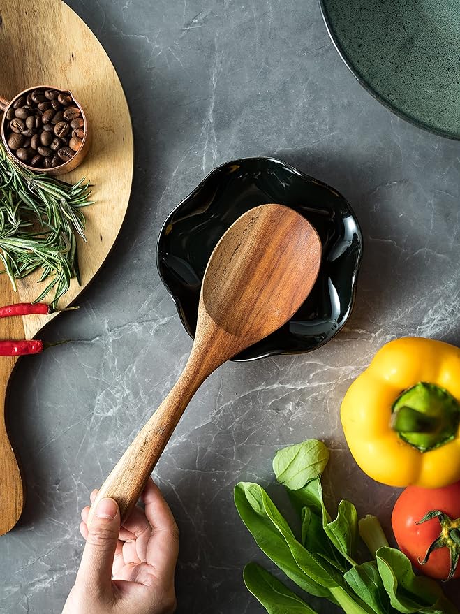 Miamolo Spoon Rest for Kitchen Counter, 5.3" Ceramic Spoon Holder for Stove Top, Heat Resistant & Dishwasher Safe Cute Spoon Rests Spatula Holder for Multiple Utensils, Farmhouse Kitchen Decor Black
