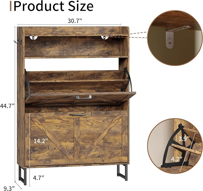 Shoe Cabinet with 2 Flip Drawers, Freestanding Hidden Shoe Storage Organizer for Entryway, Narrow Slim Shoe Rack Cabinet with Open Storage & Hooks for Front Door Entrance, Living Room, Hallway, Brown