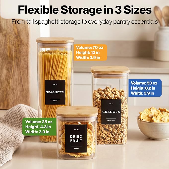 Glass Pantry Storage Jars Containers with Bamboo Lids and Labels - Set of 5 | Extra Thick Square Glass Canisters with Bamboo Wood Lids and 54 Pre-printed Pantry Labels keeps dry Goods Fresh and Organized