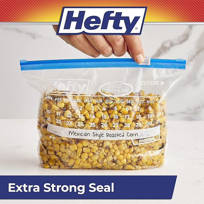 Hefty Calendar Slider Quart Freezer Bags, 140 Count, Quart Slider Bags for Freezer with Calendar Dates, Holds Raw Meat, Fruits, Veggies, and More, Secure Zip and Click Closure