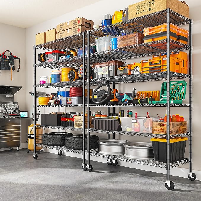 Romorgniz 82" H X45 W X18 D Storage Shelves with Wheels, 6 Tier Wire Shelving Adjustable Metal Shelving Pantry Shelves Capacity 1200LBS for Garage, Pantry, Kitchen, Closet,Black,3P