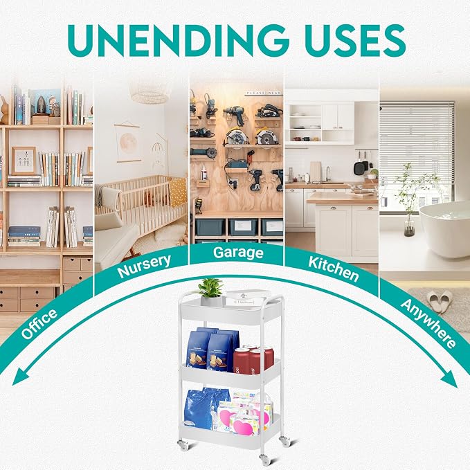 ZOES HOMEWARE 3 Tier Rolling Cart, Metal Utility Cart with 4 Hooks, Rolling Storage Cart on Wheels, Small Organizer Cart for Nursery, Kitchen, Living Room, Bathroom, White