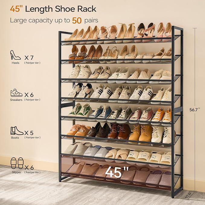 Nunsino Shoe Rack, Large Metal Shoe Organizer,Max Holds 50 Pairs,8 Tier Shoe Storage Shelf for Garage,Closet,Entryway, Black