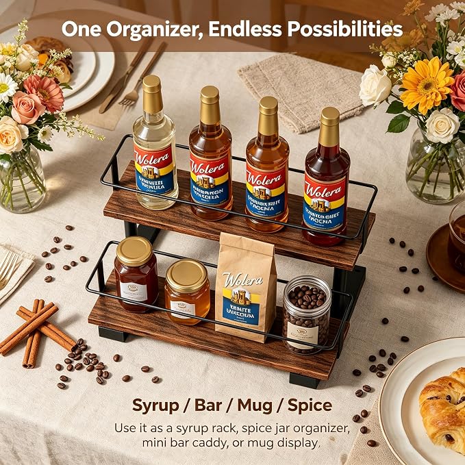 2-Tier Coffee Syrup Bottle Holder, Holds 8 Bottles, Stepped Design | Wood & metal structure, sturdy countertop rack for coffee bar, fits liquor, spice jars, wine & condiments.
