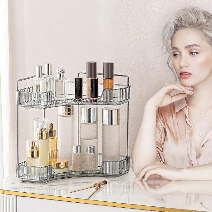 INVSSENE Corner Bathroom Countertop Organizer, 2 Tiers Vanity Trays for Counter, Makeup Organizers, Perfume Tray, Kitchen Spice Rack, Smoky Gray