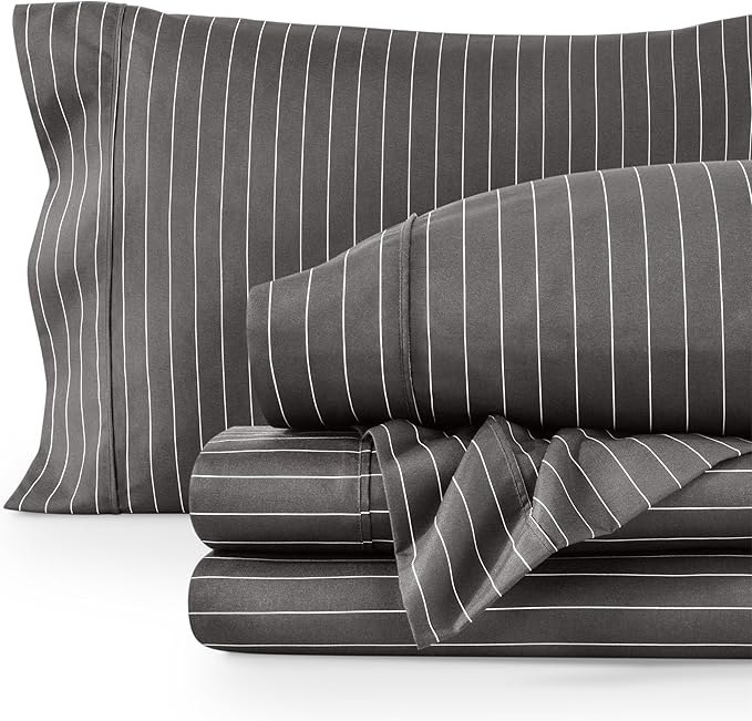 Bare Home King Sheet Set - Luxury 1800 Ultra- Soft Double Brushed Microfiber - Deep Pockets - Easy Fit - 4 Piece Bedding Sheet Set (King, Pinstripe