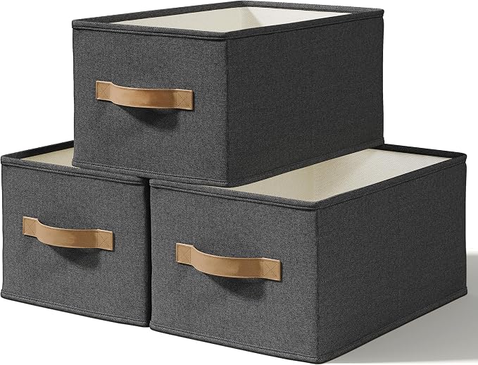 LayerSpace 3 Pack Fabric Storage Bins for Shelves | 11.5x8.75x6.5in Storage Baskets | Fabric Closet Organizers and Storage Bins with Handles Home Organization| Linen Clothes Bins | Black