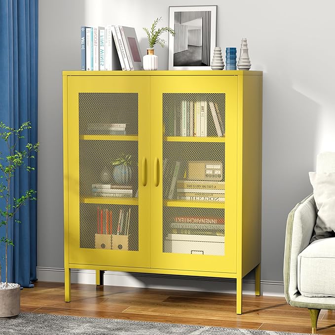 Ustamio Yellow Metal Storage Cabinet with Mesh Doors, Office Metal Locker Cabinet, Metal Display Cabinet with 2 Adjustable Shelves for Home, Office, Kitchen
