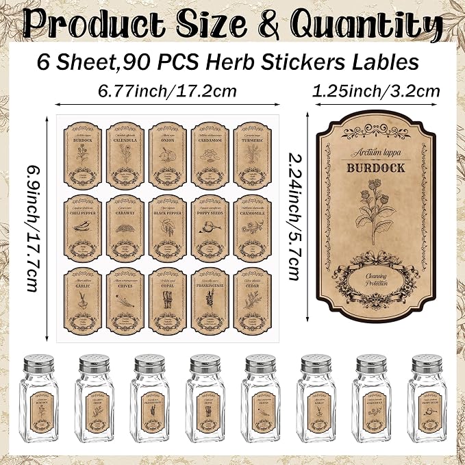 WATINC Vintage Herb and Spice Labels - 90PCS Apothecary Jar Stickers | Vintage Sketch Style, Waterproof Tags, Bottle Labels with Latin Names & Meanings, Various Designs for Kitchen Pantry