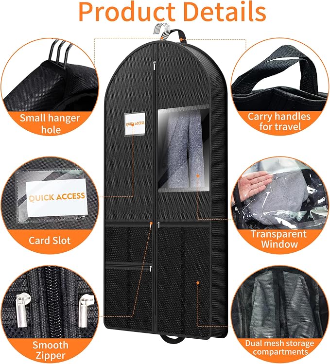 Garment Bag Travel Hanging Clothes: 54 Inch 2 Packs Fabric Breathable Foldable Zippered Pockets - Closet Storage Cover Packable - Men's Suit Shirts Uniform Jacket Jersey Tuxedo