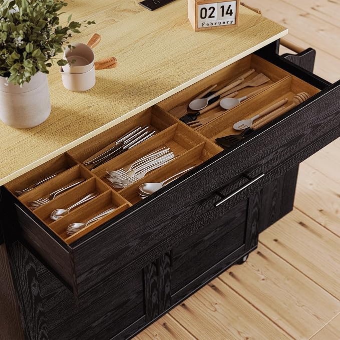 IRONCK Kitchen Island with Storage, Charging Station and Drop Leaf, Black | Wheels, Drawers, Open Shelves, Drawer Storage, Everyday Home Use