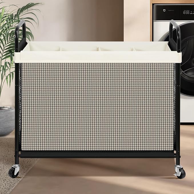 STO STO Laundry Hamper 4 Section, 140L Rolling Laundry Sorter Cart with Removable and Washable Liner Bag, Clothes Hamper with Wheels and Metal Handle for Laundry Room and Bedroom, Beige