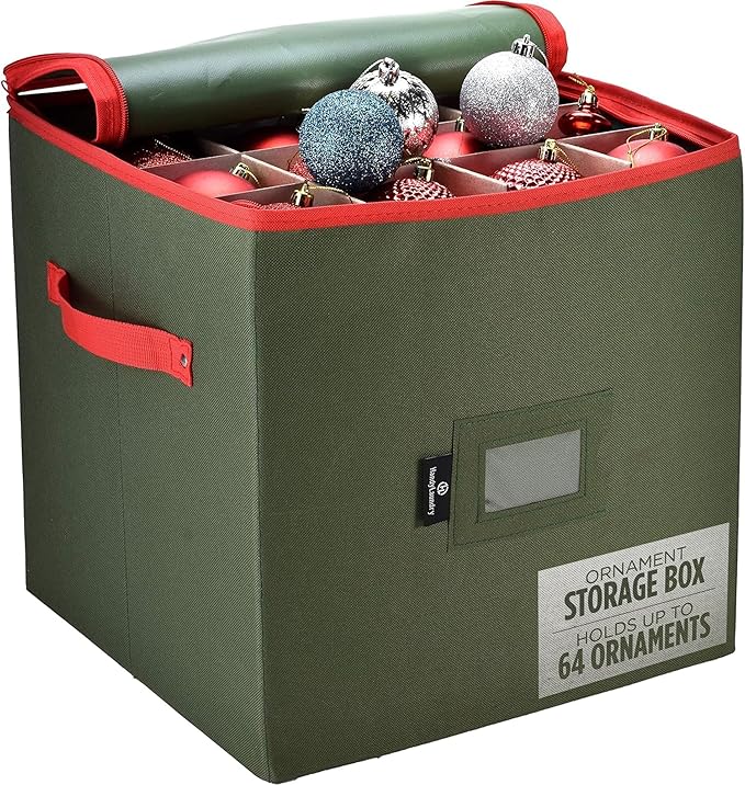 Handy Laundry, Christmas Ornament Storage, Stores up to 64 Holiday Ornament, Adjustable Dividers, Zippered Top, Two Handles Attractive Storage Box Keeps Decorations Clean & Dry for Next Season, Green