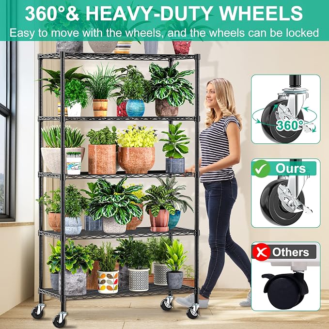 5 Tier Metal Shelving Unit Wire Storage Shelf with Wheels(14D x 36W x 75H) | Rolling Shelf Adjustable Utility Storage Rack Heavy Duty Wire Shelving Organizer for Kitchen Pantry Garage Basement, Black