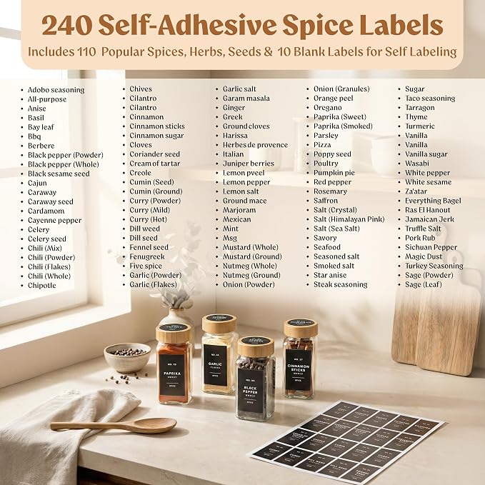 EDELHAUS Square Glass Spice Jars (24 x 4oz) with Bamboo Lids + Magnetic Spice Rack for Refrigerator (Fits 12 Jars) + Bonus Slim Auxiliary Rack, 240 Labels, Shaker Inserts, Funnel