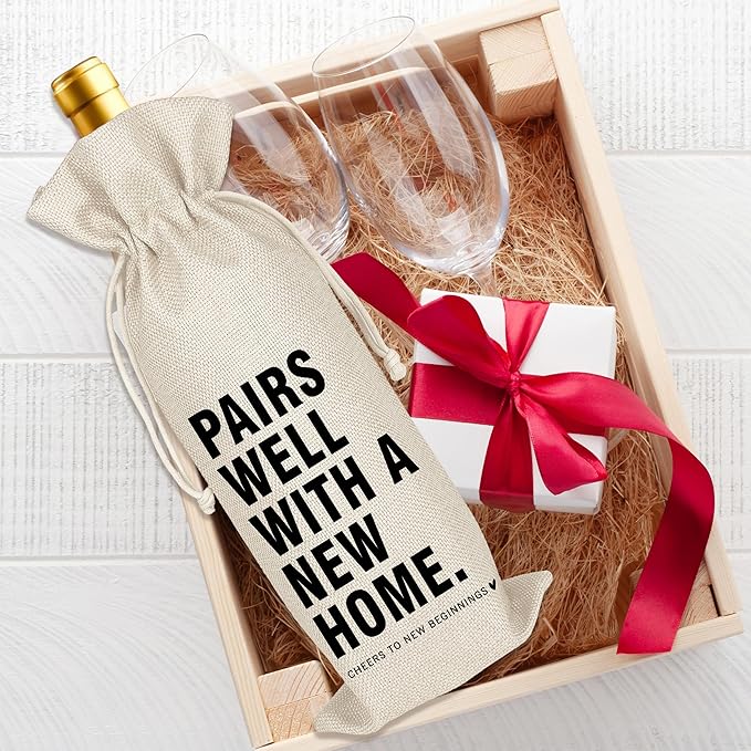 Housewarming Wine Bag - First New Home Gifts, Pairs Well with a New Home, Housewarming Party Decorations House Warming Gift for Women Men Couple Reusable Wine Wrap Bag, Realtor Client Gift (A22)