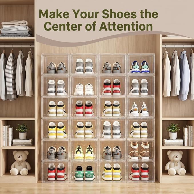 9-Ply Thick Clear Shoe Boxes 9 Pack, Heavy Duty Stackable Shoe Storage Bins with Magnetic Door, Foldable Plastic Shoe Containers for Sneaker Closet Organization