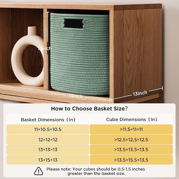 UBBCARE Set of 4 Storage Basket-13 X 13 X 13 In, Cotton Rope Basket for Shelves, Toys, Book, Cube Storage Bins with Handles, Woven Storage Basket for Organizing, Green