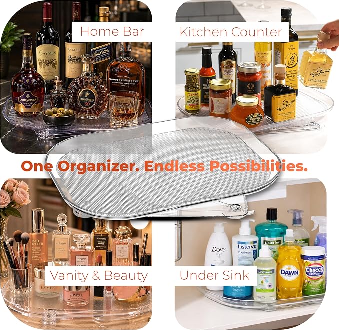 Oizeir Refrigerator Lazy Susan (2PK) - Clear Rectangular Fridge Organizer - Turntable Tray Lazy Susan for Refrigerator - Cabinet & Pantry Organizer - Smooth 360° Rotating Swivel Spinning Fridge Shelf