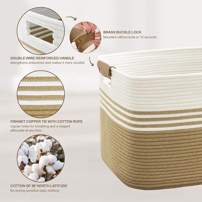 86L Large Woven Laundry Basket Hamper with Leather Handles,Khaki | 24"x16"x14", collapsible wicker hamper, storage for dirty clothes, toys, blankets, gifts, living room, bedroom, bathroom