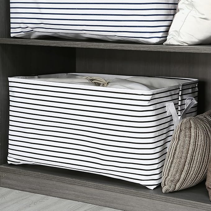 Hinwo 102L XXL Storage Bins, 2-Pack Closet Organizers and Storage, Foldable Clothes Storage Baskets with Handles, Containers for Clothing, Blanket, Comforters, Toys, Bedding (Black Stripe)