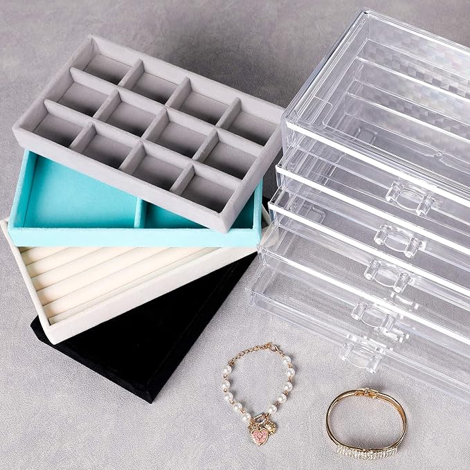 Frebeauty Extra Large Acrylic Jewelry Box for Women 5 Layers Clear Jewelry Organizer Velvet Earring Box with 5 Drawers Rings Display Case Necklaces Holder Tray for Women Girls (Grey) | Jewelry Storage for Rings Earrings Bracelets,Dustproof,Velvet Linin...