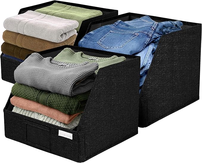 VIVIDECOR Trapezoid Closet Bins for Shelves – 12x12x10 Fabric Storage Baskets, Collapsible Organizer Boxes for Bedroom, Jeans, Sweaters– Black, 3 Pack