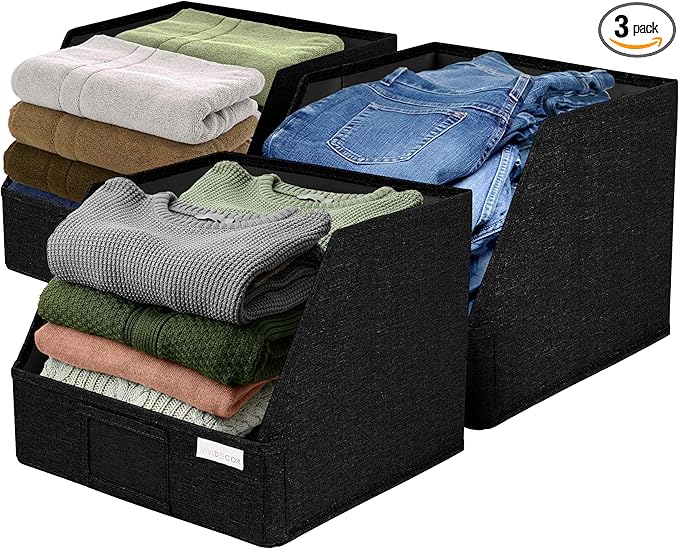 VIVIDECOR Trapezoid Closet Bins for Shelves – 12x12x10 Fabric Storage Baskets, Collapsible Organizer Boxes for Bedroom, Jeans, Sweaters– Black, 3 Pack