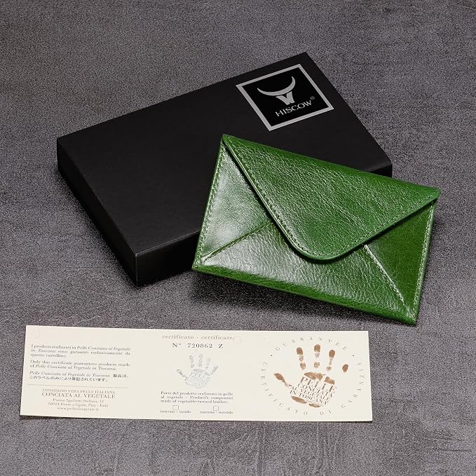 HISCOW Envelope Business Card Case with Magnet Closure - Italian Calfskin (Green Vegetable-Tanned Leather)