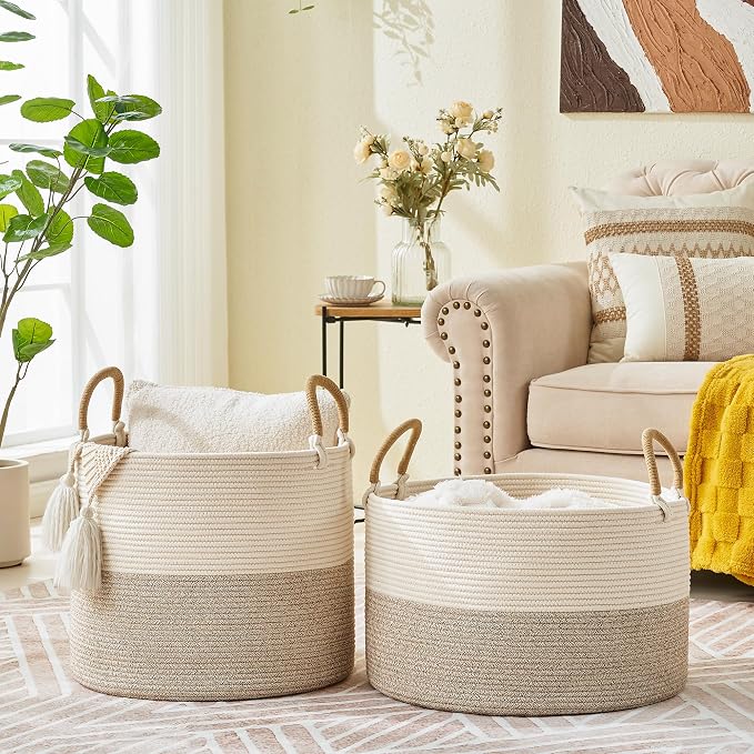 KAKAMAY Large Blanket Basket 20"x13", Cotton Rope Woven Laundry Storage Basket, Baskets for Toy,Stuffed Animal Storage, Dog,Toy Box, Gift Basket for Living Room Nursery Baby Hamper (Beige)