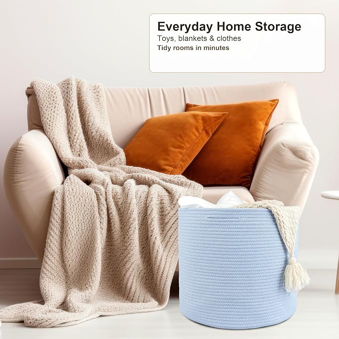 XUANGUO Cotton Rope Woven Basket, 16x14 in Kids Laundry Basket, blue | Round blanket basket and small laundry basket; baby hamper or nursery storage bin for girls, boys, toys, clothes and shoes